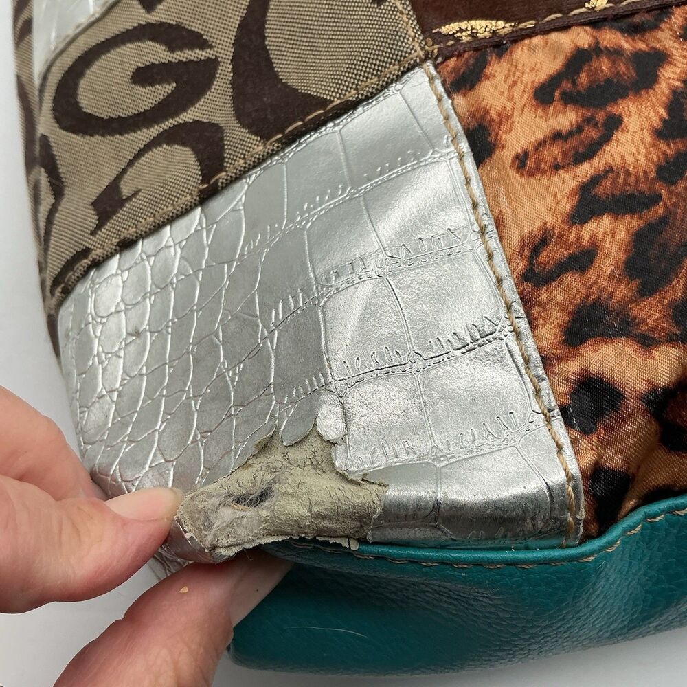 Patchwork Animal Print Shoulder Bag Turquoise Studded Y2K Hobo Purse Boho - Picture 4 of 9